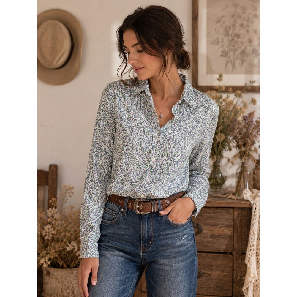 J. Crew Perfect Shirt Floral Button Up Top M Purple Green Cotton Cottagecore